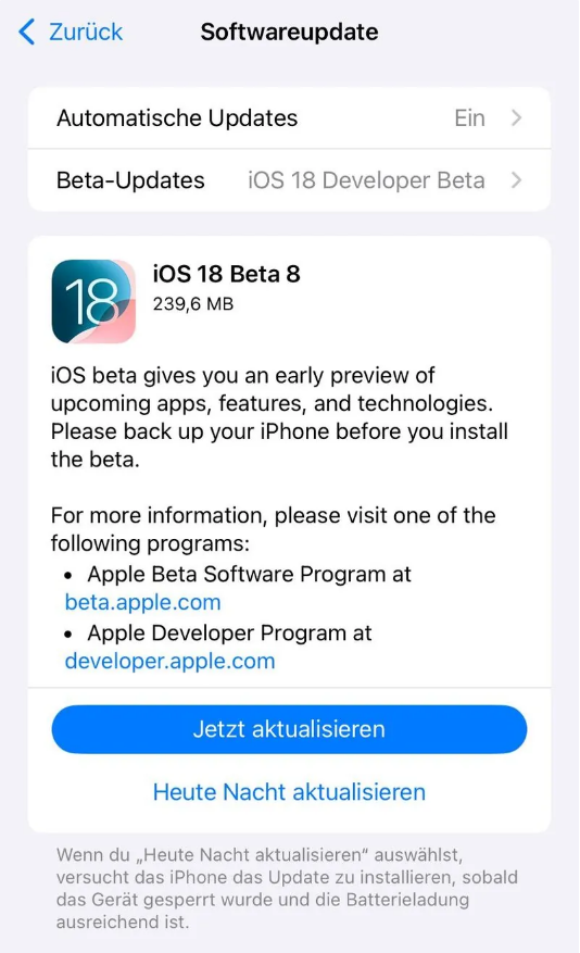 惠东苹果手机维修分享苹果 iOS / iPadOS 18 开发者预览版 Beta 8 发布 